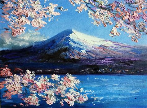 Landscape Mountain Sea view Fuji Spring Cherry Blossom Japan Sakura (2020) Oil painting by ...