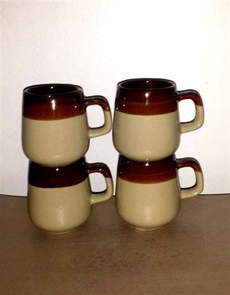 Vintage Stoneware Coffee Mugs,Set of 4,Brown and Tan Stoneware,Dripware,Brown and Tan Mugs ...