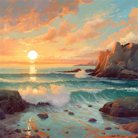 Premium AI Image | A painting of a sunset with the sun setting on the horizon.