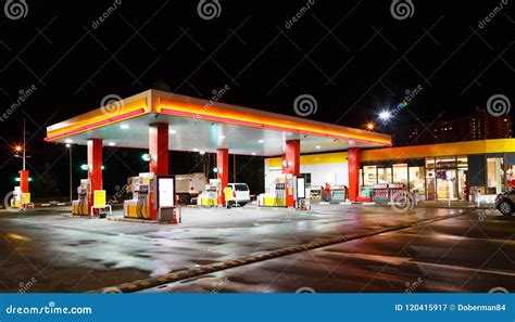 Petrol Gas Station Station with Night Lights Stock Image - Image of ...