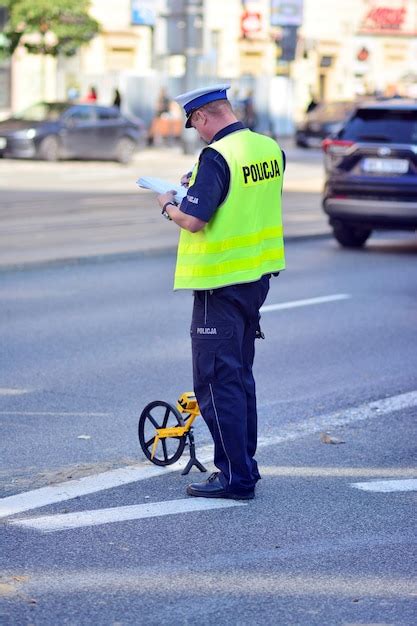 Premium Photo | A police officer stands in the middle of the road with a yellow safety vest.