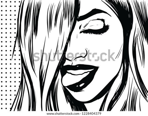 Pop art black white girl drawing. Vector illustration.