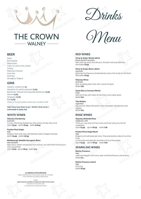 Menu at The Crown pub & bar, Barrow-in-Furness