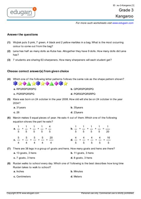 Grade 3 - Math Kangaroo | Preparation, Online Practice, Questions, Tests, Worksheets, Quizzes ...