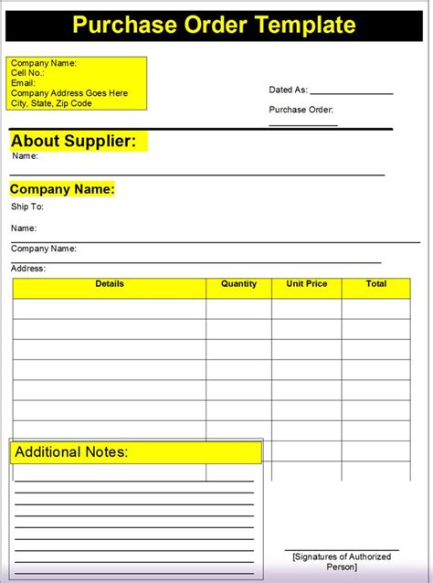 an invoice form for purchase or order with yellow lines on the top and ...