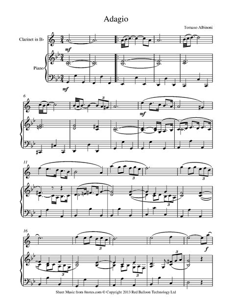 Albinoni - Adagio Sheet music for Clarinet - 8notes.com