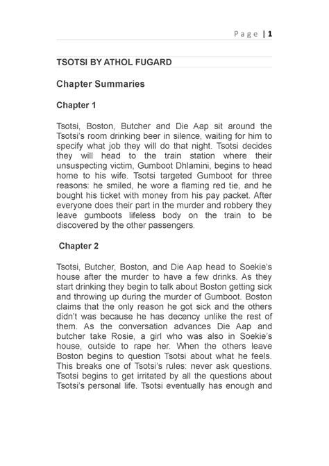 Eng HL Gr 11 Notes - Novel - Tsotsi - TSOTSI BY ATHOL FUGARD Chapter Summaries Chapter 1 Tsotsi ...