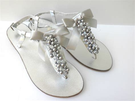 Silver Wedding sandals/ Bridal Silver pealrs crystal beads/ Greek leather sandals/ T strap ...