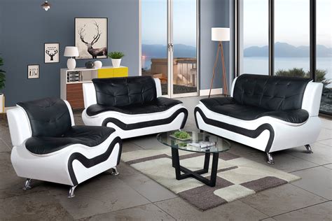 3 Piece Living Room Sofa Set, Sofa/Loveseat/Chair, Black & White Color, Faux Leather Upholstery ...