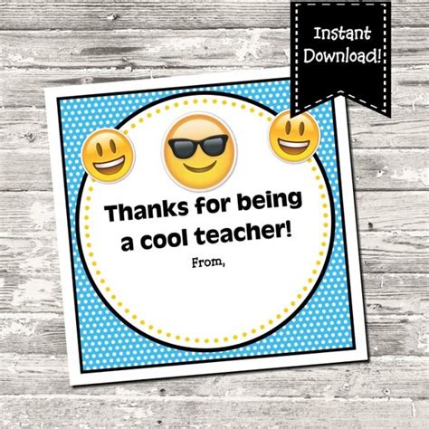 INSTANT DOWNLOAD Emoji Cool Teacher Thank You Teacher Appreciation End of School Year Square Tag ...