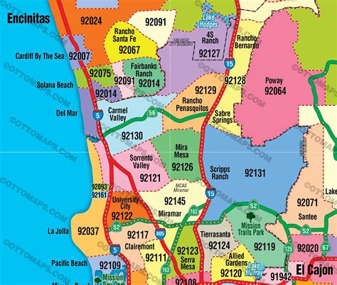 San Diego County Zip Code Map - COASTAL (Zip Codes colorized) – Otto Maps