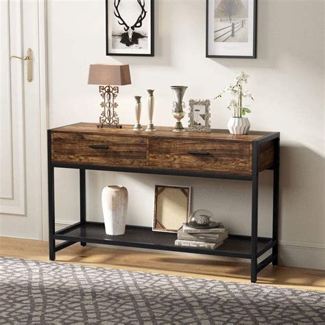 Rustic Sofa Console Table with 2 Drawers, 47 inch Industrial Entry Table TV Stand with Storage ...