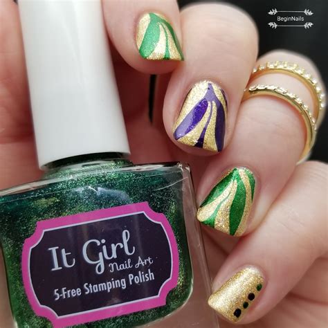 Let's Begin Nails: Purple, Gold and Green Nail Art (All About The Stamp)