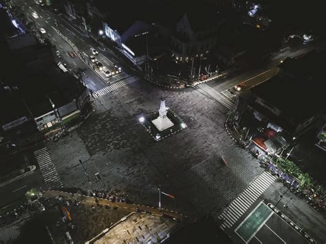 Aerial view of Tugu Jogja or Yogyakarta Monument, Indonesia at night ...