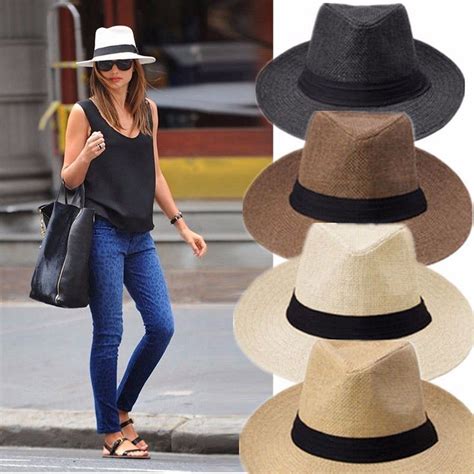 Men Women Fedora Panama Wide Brim Trilby Straw Cap Sun Hat Beach Summer ...