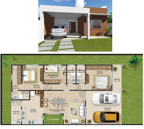 plantas-casas-com-3-quartos-garagem Small House Floor Plans, Simple House Plans, Dream House ...