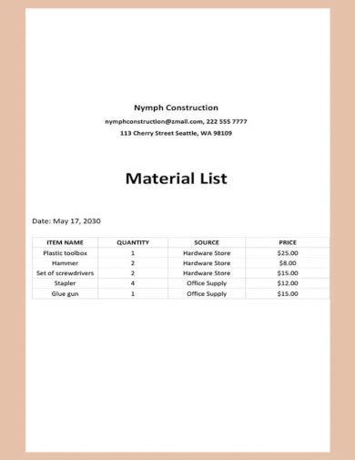 FREE 8+ Sample Material Lists in MS Word, PDF