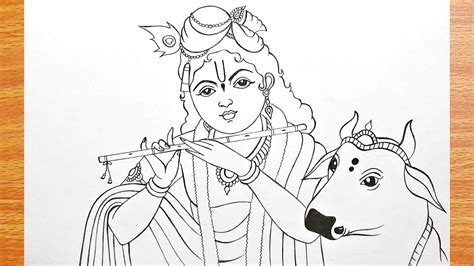 Easy Krishna Drawing with Cow | How to Draw Lord Krishna - Step by Step ...