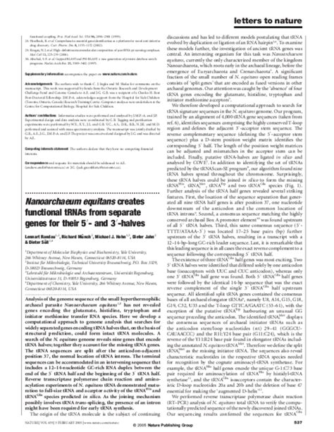 (PDF) Nanoarchaeum equitans creates functional tRNAs from separate genes for their 5'- and 3 ...