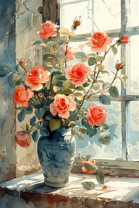 Vintage Roses In Vase Art Free Stock Photo - Public Domain Pictures