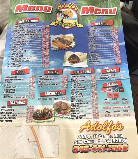 Menu at Adolfo's Mexican Food restaurant, San Clemente