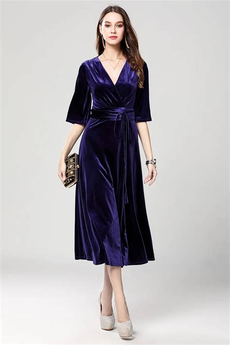 New Fashion 2017 Women Spring Summer Purple Velvet Dress For Women Vintage Sexy Evening ...