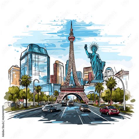 Las Vegas. Las Vegas hand-drawn comic illustration. Vector doodle style cartoon illustration ...