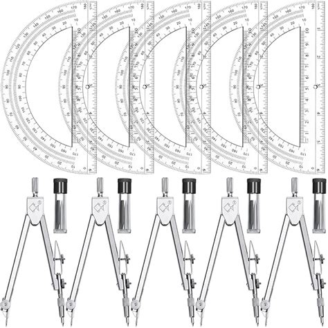 Buy 5 Sets Protractor and Compass Sets Student Geometry Math Set Drawing Compass and 6 Inch ...