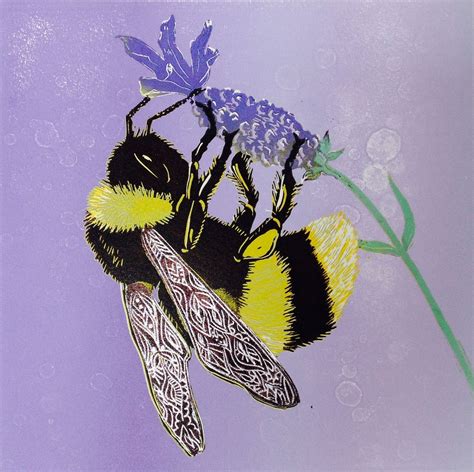 lino bee print. Bee with lavender. Bumble bee Lino print. Reduction linocut with silver leaf ...