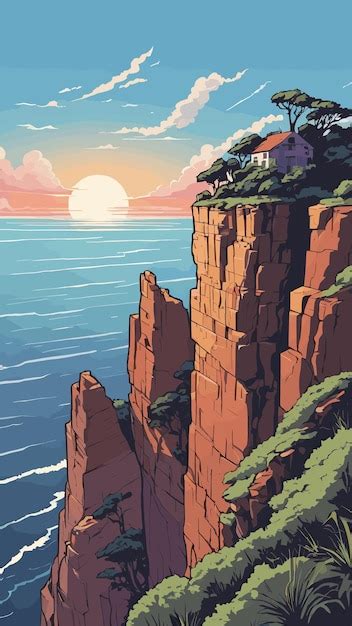 Premium Vector | Cliff landscape drawing cartoon artwork vector