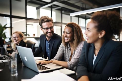 Premium AI Image | smiling business people sitting with laptop and talking in office cubicl