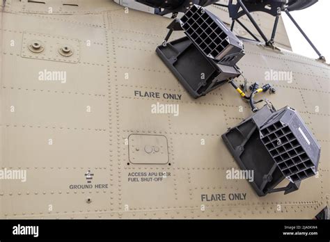 Defensive flare dispenser on a US Army Boeing CH-47F Chinook helicopter ...