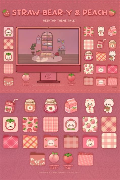 Desktop Theme Pack Strawbeary and Peach Mac & Windows Desktop Organizer Desktop Wallpaper and ...