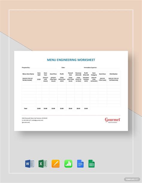 Restaurant Menu Engineering Worksheet Template in Google Docs, Google ...