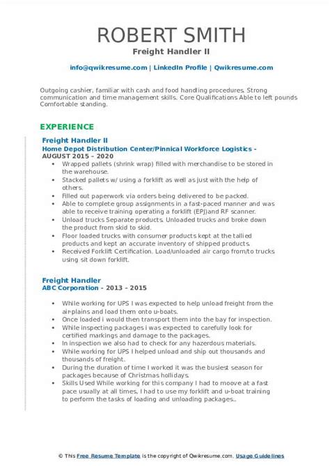 Freight Handler Resume Samples | QwikResume