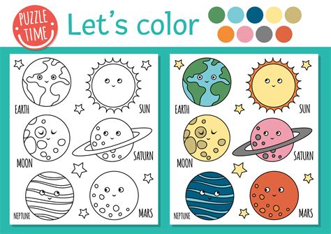 Space coloring page for children. Cute funny kawaii planets Earth, moon ...