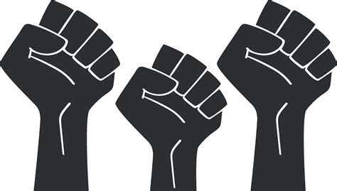 Raised three fists outline isolated on a white background. Clenched fist held in protest ...