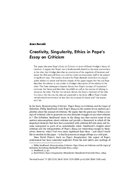 (PDF) Barcsák Creativity , Singularity , Ethics in Pope ’ s Essay on Criticism | János Barcsák ...