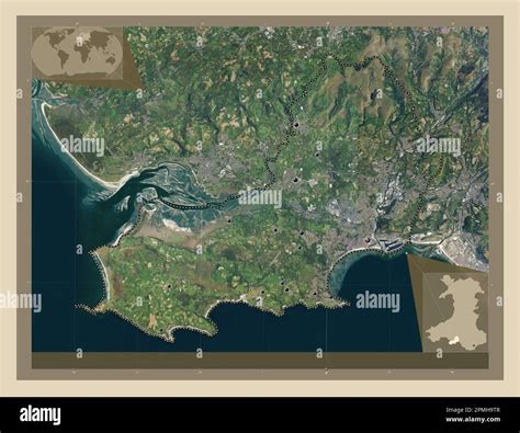 Swansea, region of Wales - Great Britain. High resolution satellite map. Locations of major ...