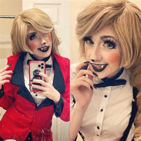 two photos of the same woman with makeup and hair, one is holding a cell phone