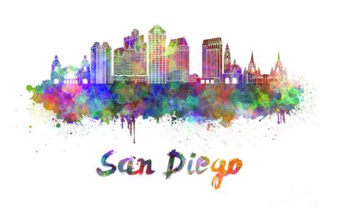 San Diego Skyline In Watercolor Painting by Pablo Romero