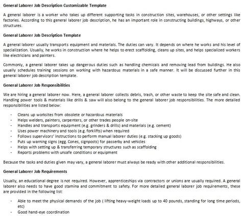 General Laborer Job Description Customizable Template | room surf.com