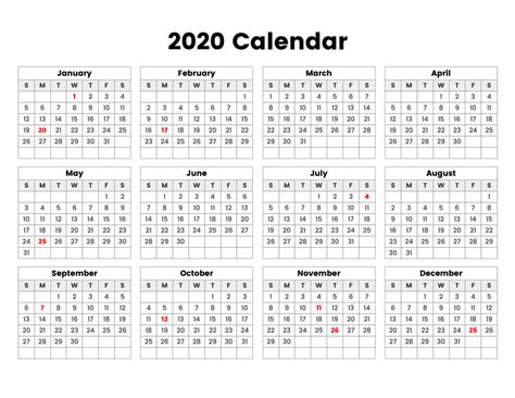 2020 Year Calendar With Holidays - A Printable Calendar