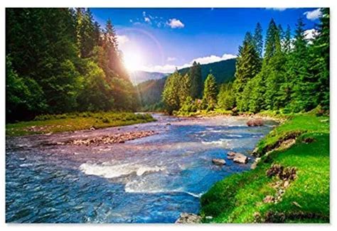 Dinding Besar Hiasan Seni Poster Lukisan Di Kanvas Cetak Gambar Gunung Sungai dengan Pelangi ...