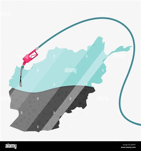 Map of Afghanistan being fueled by oil. Gas pump fueled map. On the map there is glass ...