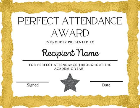 Perfect Attendance Award Gold Perfect Attendance Certificate - Etsy