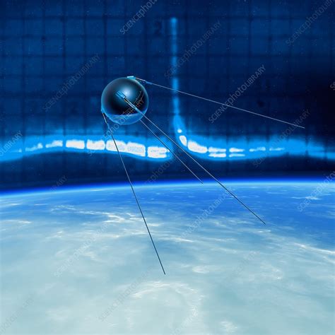 Sputnik 1 transmitting in Earth orbit, illustration - Stock Image - C050/8829 - Science Photo ...