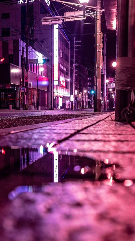 Street, puddle, neon, light, night samsung galaxy s4, s5, note, sony xperia z, HD phone ...