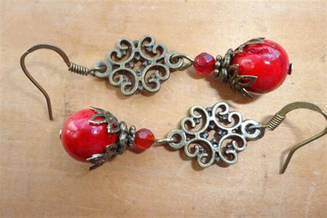 Items similar to Red gemstone earrings, red beaded bronze earrings, red ...