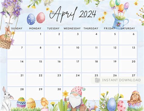 Printable April 2024 Calendar Fun Easter Bunny & Gnome Ediatble Planne – Visley Printables